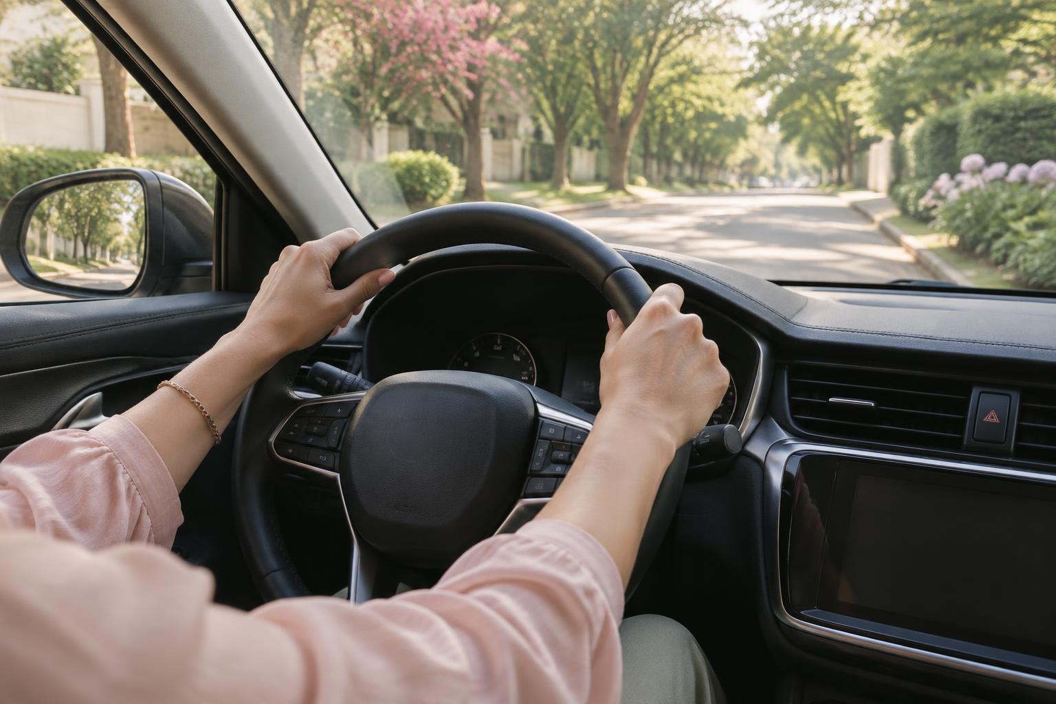 Mulher ao volante em uma rua tranquila